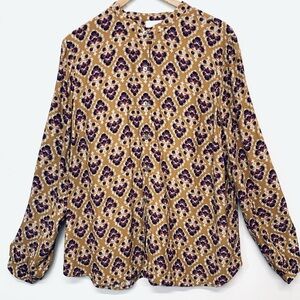 J Jill Blouse Woman‎ Large Button Up  Purple Gold  Abstract Long Sleeve Rayon